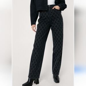 NEW Nasty Gal Metal Studded High Rise Straight Leg Denim Black Jeans US 8 UK 12